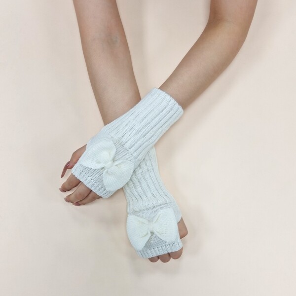 

Bow Decor Fingerless Gloves, White