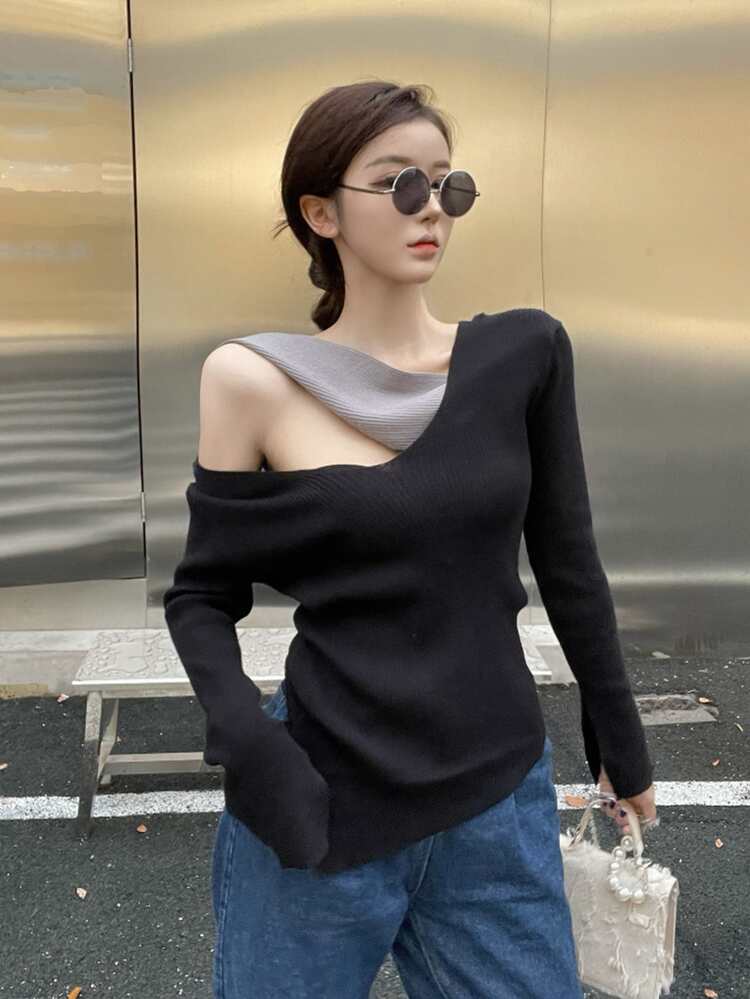Contrast Panel Cut Out Asymmetrical Sweater - Black - View 1