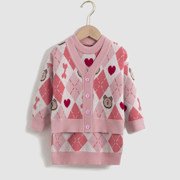 

для девочек принтом аргайл & с узором сердечка Кардиган & без рукавов Платье-свитер, Розовые