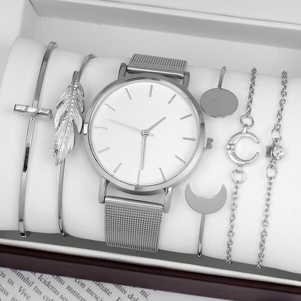 

1pc Mesh Strap Round Pointer Quartz Watch & 5pcs Bracelet