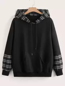 SHEIN EZwear Áo nỉ dáng rộng kẻ caro có túi hai bên, dây rút, thích hợp cho mùa Thu/Đông. - màu đen - Xem 1