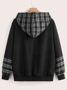 SHEIN EZwear Áo nỉ dáng rộng kẻ caro có túi hai bên, dây rút, thích hợp cho mùa Thu/Đông. - màu đen - Xem 2