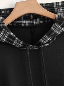 SHEIN EZwear Áo nỉ dáng rộng kẻ caro có túi hai bên, dây rút, thích hợp cho mùa Thu/Đông. - màu đen - Xem 4