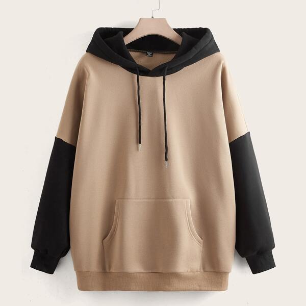 

Plus Color Block Kangaroo Pocket Drop Shoulder Drawstring Thermal Hoodie, Khaki