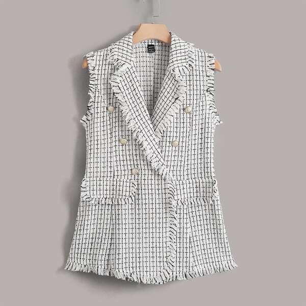 

Plaid Raw Trim Vest Blazer, White