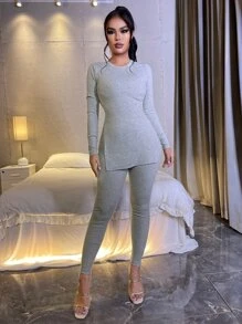 SHEIN SXY Split Hem Form Fitted Tee and Leggings Set - Light Grey - View 4