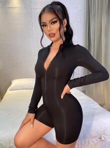 SHEIN SXY Zip Up Cut Out Back Romper - Black - View 4