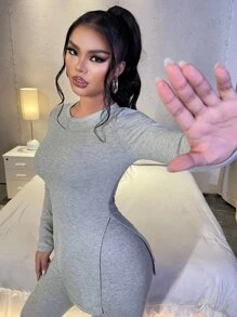 SHEIN SXY Split Hem Form Fitted Tee and Leggings Set - Light Grey - View 3