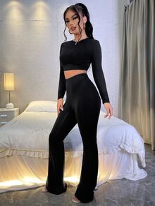 SHEIN 素色短款上衣和喇叭褲 - 黑色 - 查看 4