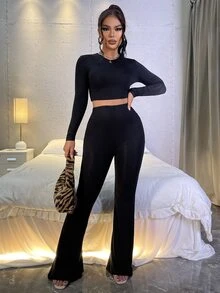 SHEIN 素色短款上衣和喇叭褲 - 黑色 - 查看 5