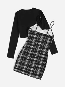 Muchica Solid Top & Plaid Print Cami Dress - Black and White - View 2