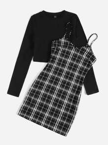 Muchica Solid Top & Plaid Print Cami Dress - Black and White - View 3