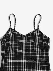 Muchica Solid Top & Plaid Print Cami Dress - Black and White - View 5
