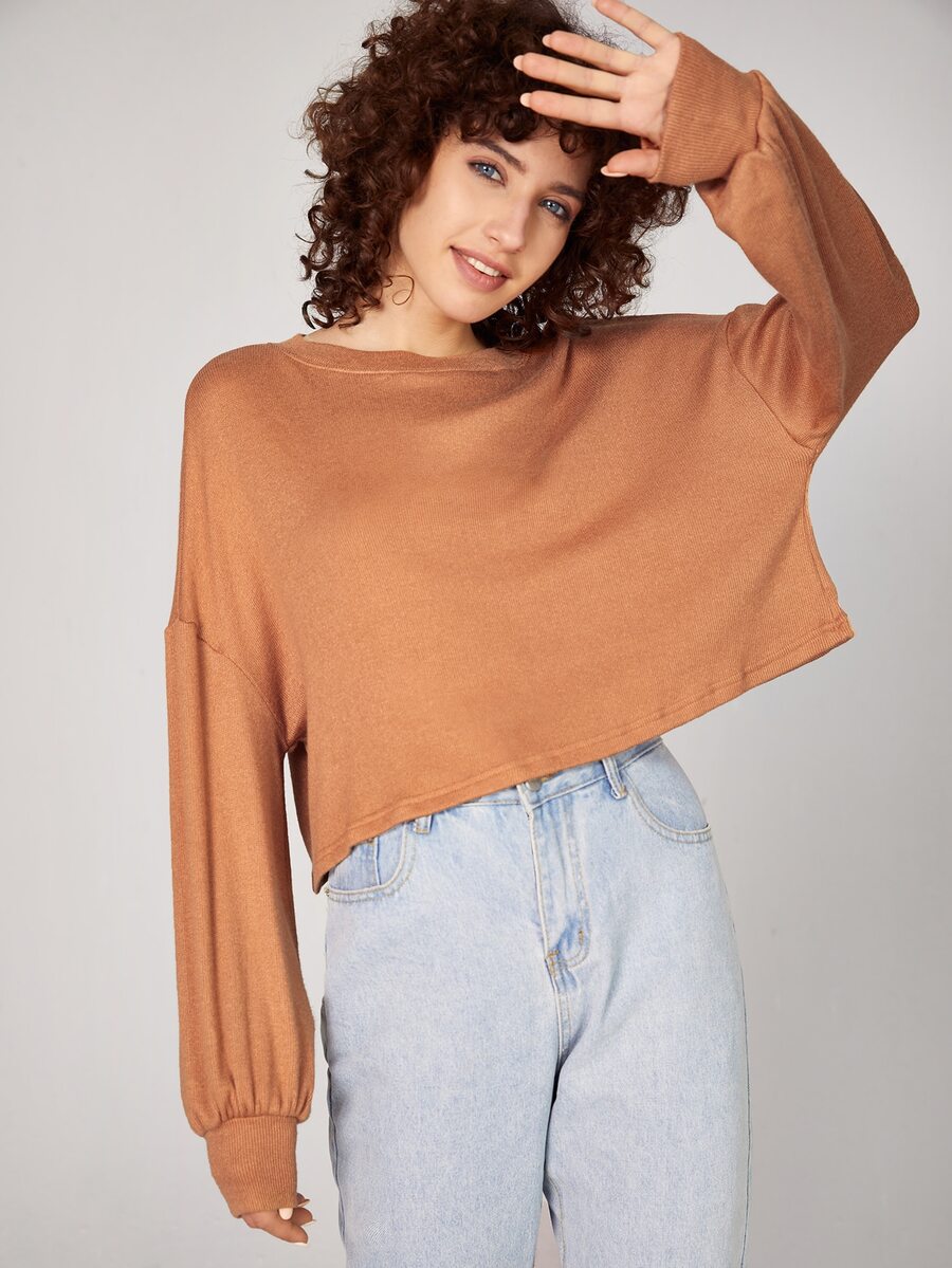 SHEIN Camiseta unicolor de hombros caídos - Naranja Quemada - Ver 1