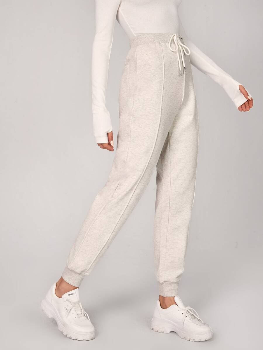SHEIN EZwear 腰部抽繩接縫細節衛褲 - 米色 - 查看 1