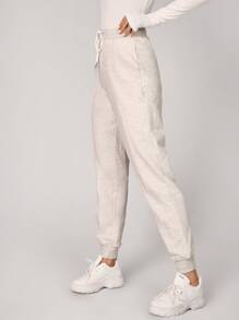 SHEIN EZwear 腰部抽繩接縫細節衛褲 - 米色 - 查看 3