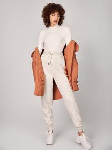 SHEIN EZwear 腰部抽繩接縫細節衛褲 - 米色 - 查看 4