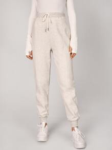 SHEIN EZwear 腰部抽繩接縫細節衛褲 - 米色 - 查看 5