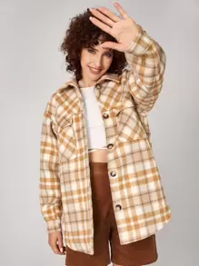 SHEIN EZwear Plaid Print Drop Shoulder Flap Pocket Overcoat - Multicolor - View 1