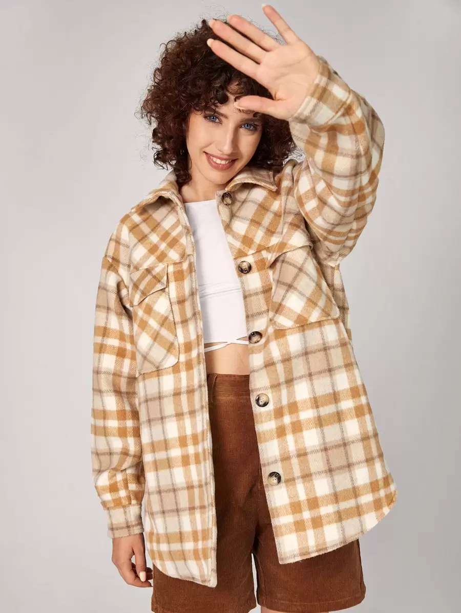 SHEIN EZwear Plaid Print Drop Shoulder Flap Pocket Overcoat - Multicolor - View 1