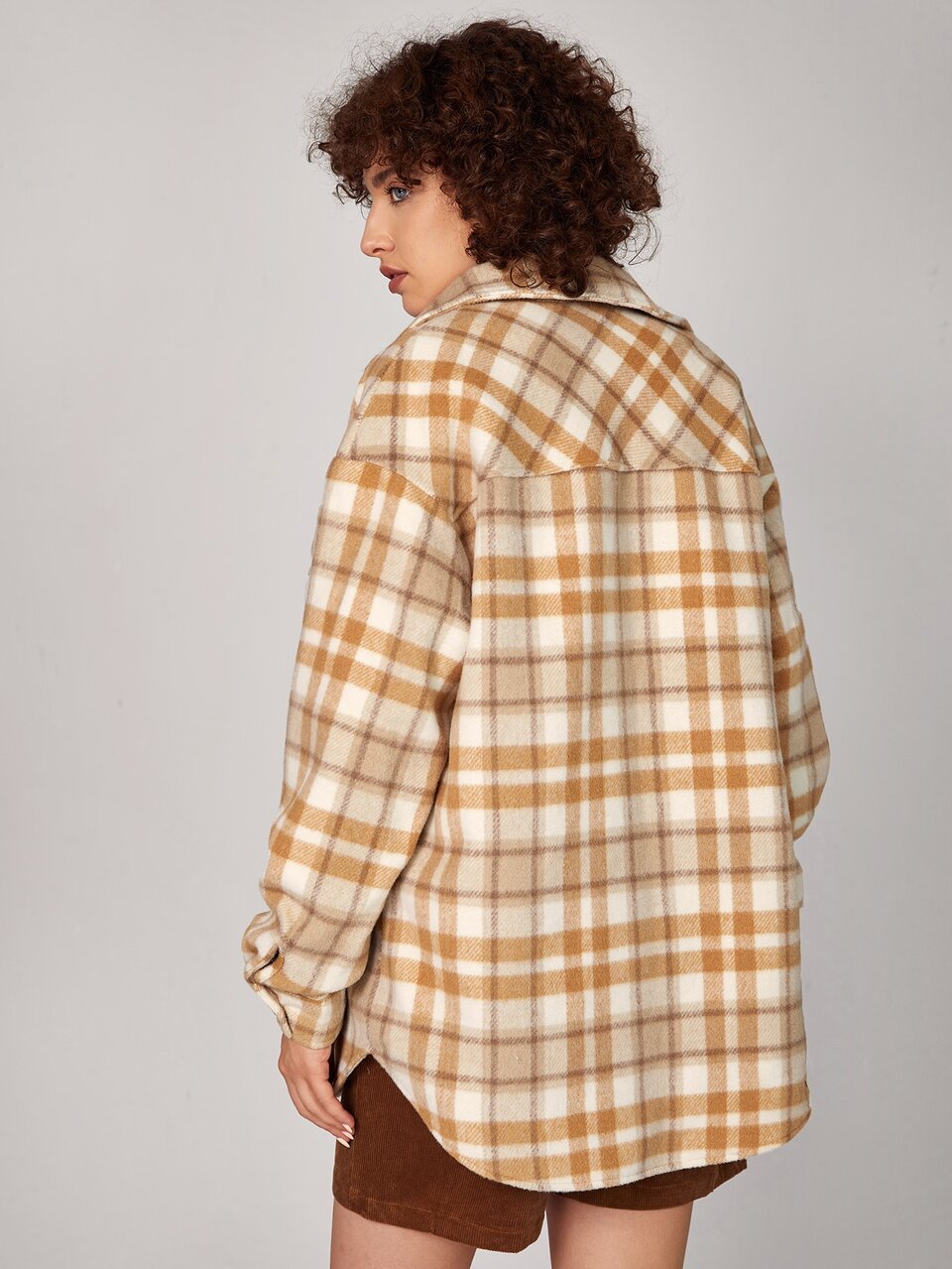 Plaid Print Drop Shoulder Flap Pocket Overcoat
