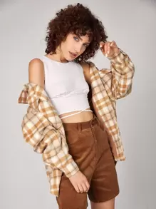 SHEIN EZwear Plaid Print Drop Shoulder Flap Pocket Overcoat - Multicolor - View 5