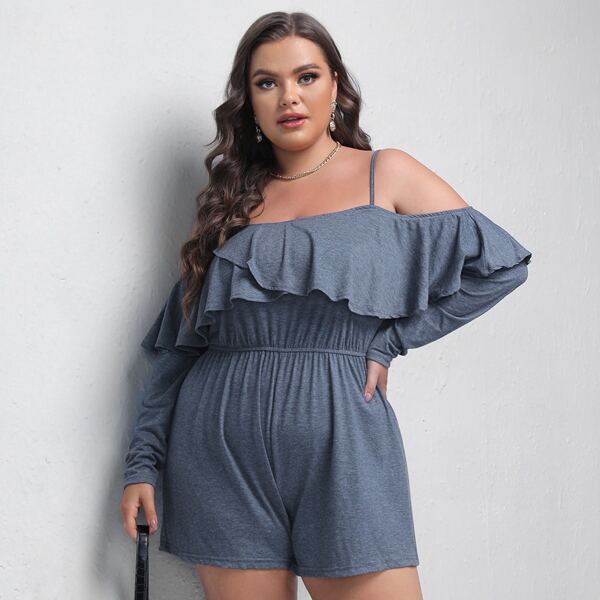 

Plus Cold Shoulder Ruffle Trim Romper, Dusty blue