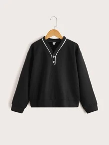 Niñas Pullover botón cuarto ribete en contraste de hombros caídos - Negro - Ver 1