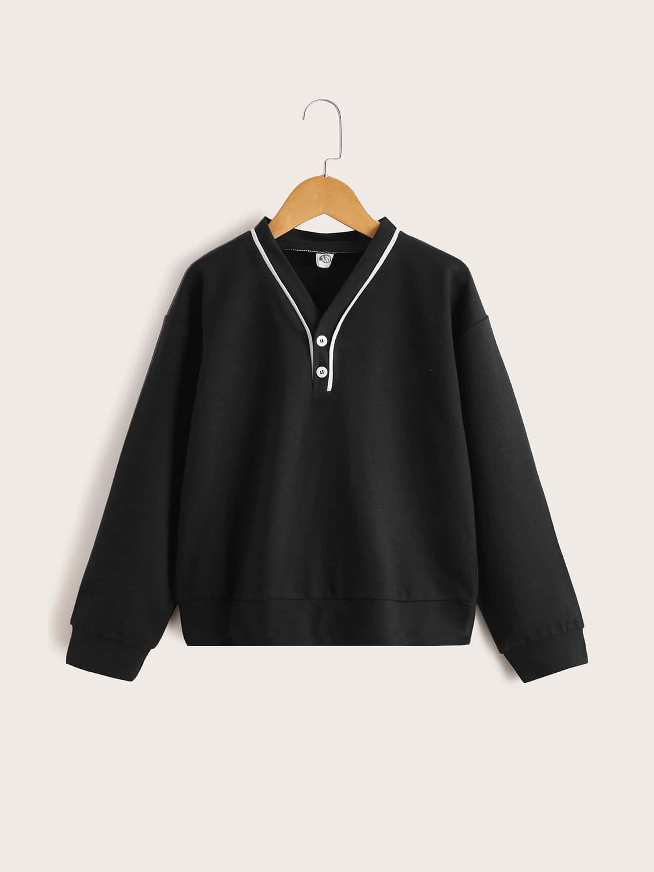 Niñas Pullover botón cuarto ribete en contraste de hombros caídos - Negro - Ver 1