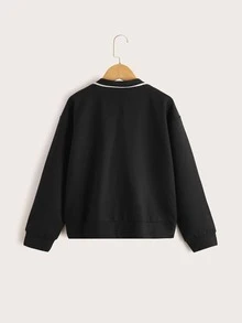 Niñas Pullover botón cuarto ribete en contraste de hombros caídos - Negro - Ver 2