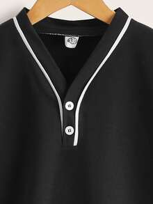 Niñas Pullover botón cuarto ribete en contraste de hombros caídos - Negro - Ver 3