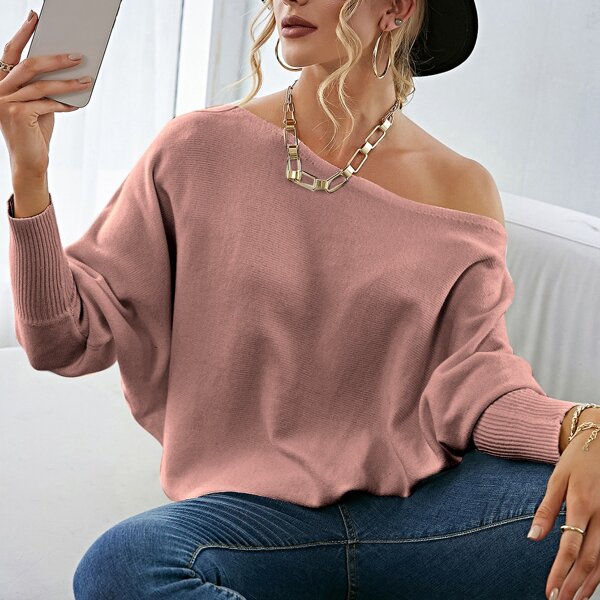

Solid Boat Neck Batwing Sleeve Sweater, Dusty pink