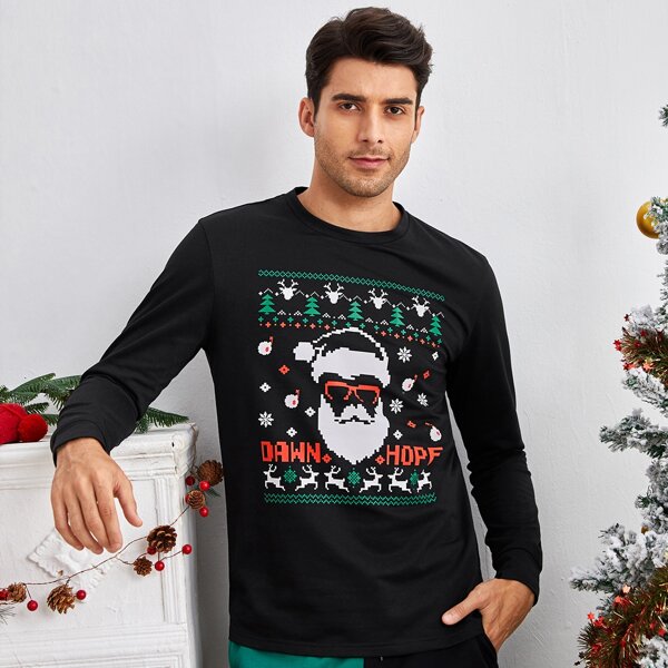 

Men Christmas Santa & Elk Print Tee, Black