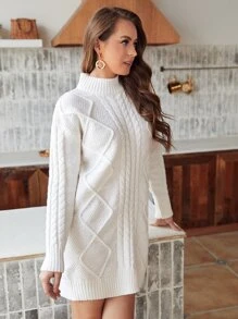 SHEIN Frenchy Của phụ nữ Màu thuần Áo cao cổ Đầm Áo len Không có thắt lưng - Màu be - Xem 3