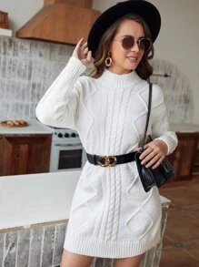 SHEIN Frenchy Của phụ nữ Màu thuần Áo cao cổ Đầm Áo len Không có thắt lưng - Màu be - Xem 2