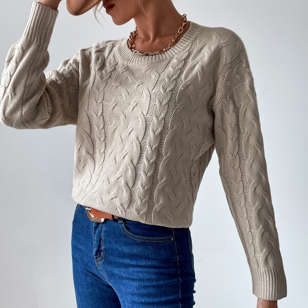 

Cable Knit Drop Shoulder Sweater, Khaki