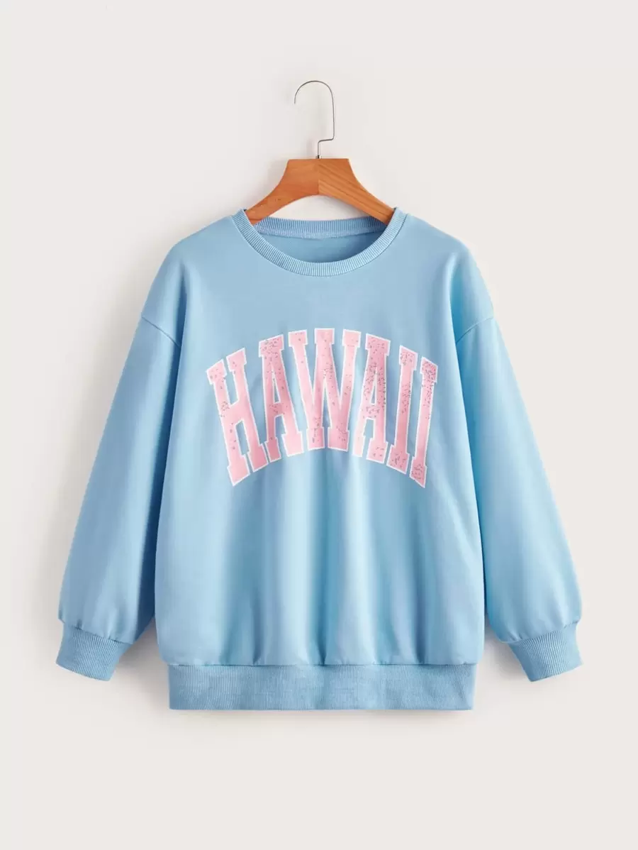 SHEIN Teen Girls Letter Graphic Drop Shoulder Sweatshirt - Baby Blue - View 1
