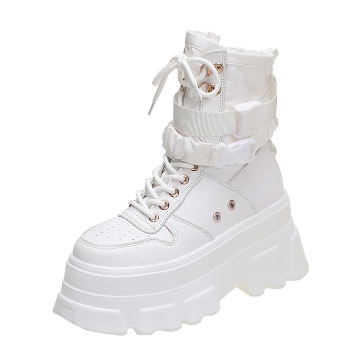 

Minimalist Lace-up Front Eyelet Buckle Chunky Sneakers, White