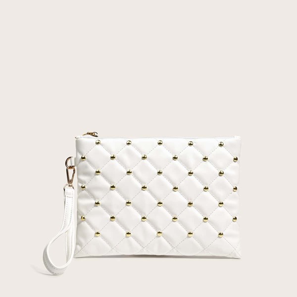 

Studded Decor Zip Clutch Bag, White