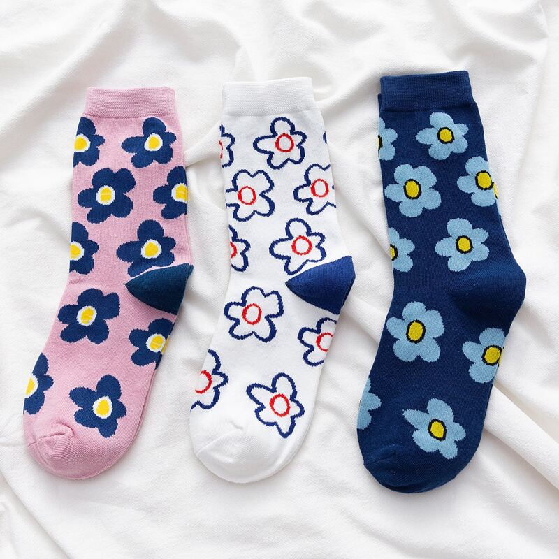 

3pairs Floral Print Crew Socks, Multicolor