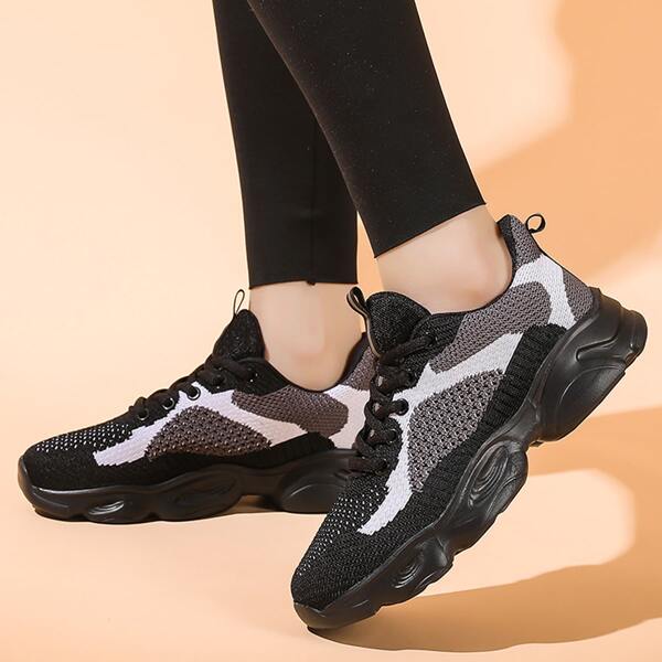 

Colorblock Lace-up Front Knit Sneakers, Black