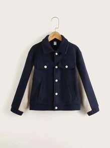 SHEIN Boys Contrast Panel Flap Detail Overcoat - Navy Blue - View 1