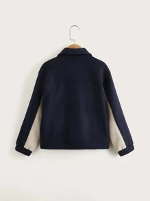 SHEIN Boys Contrast Panel Flap Detail Overcoat - Navy Blue - View 2