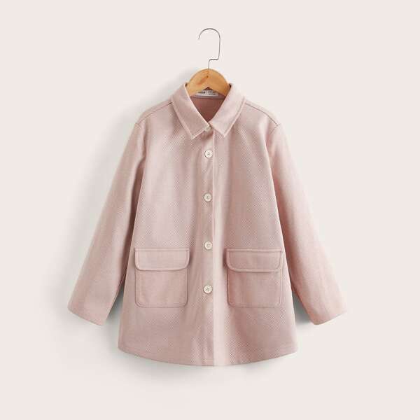 

Girls Herringbone Flap Pocket Overcoat, Baby pink