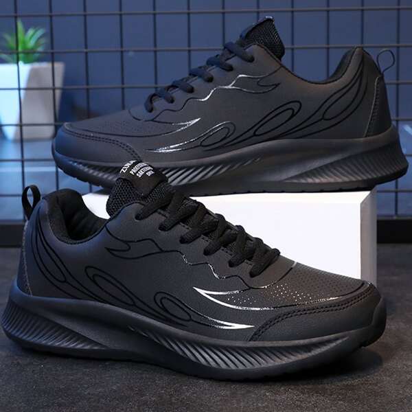 

Men Line Graphic Lace-up Front Running Shoes, Black