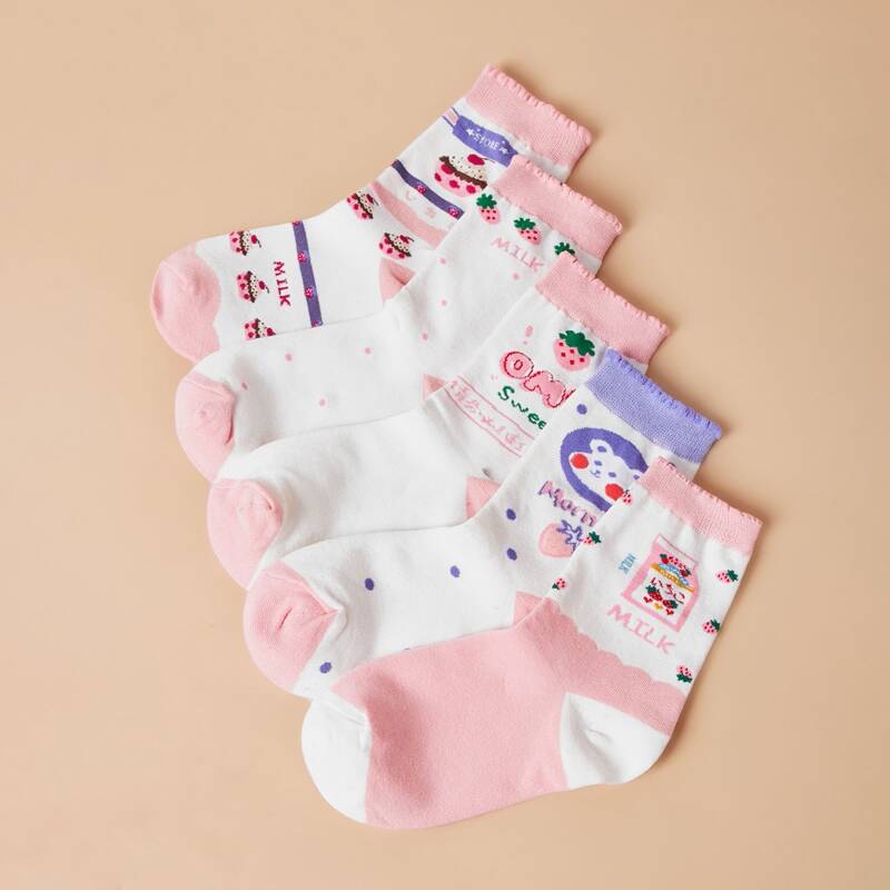 

5pairs Cartoon Print Crew Socks, Pink