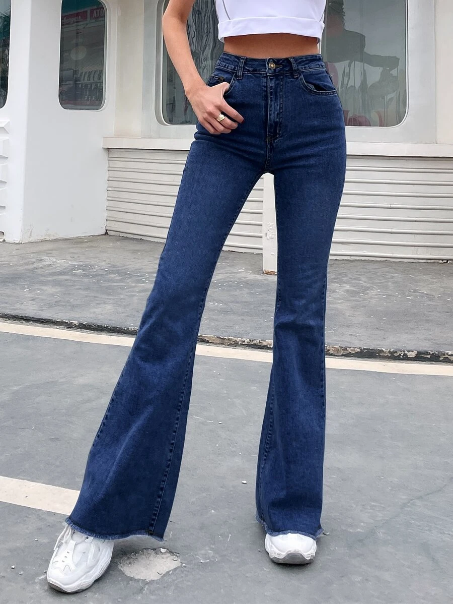 High-rise Raw Hem Flare Jeans - Dark Wash - View 1