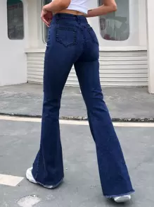 High-rise Raw Hem Flare Jeans - Dark Wash - View 2