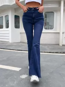 High-rise Raw Hem Flare Jeans - Dark Wash - View 3