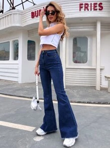 High-rise Raw Hem Flare Jeans - Dark Wash - View 5